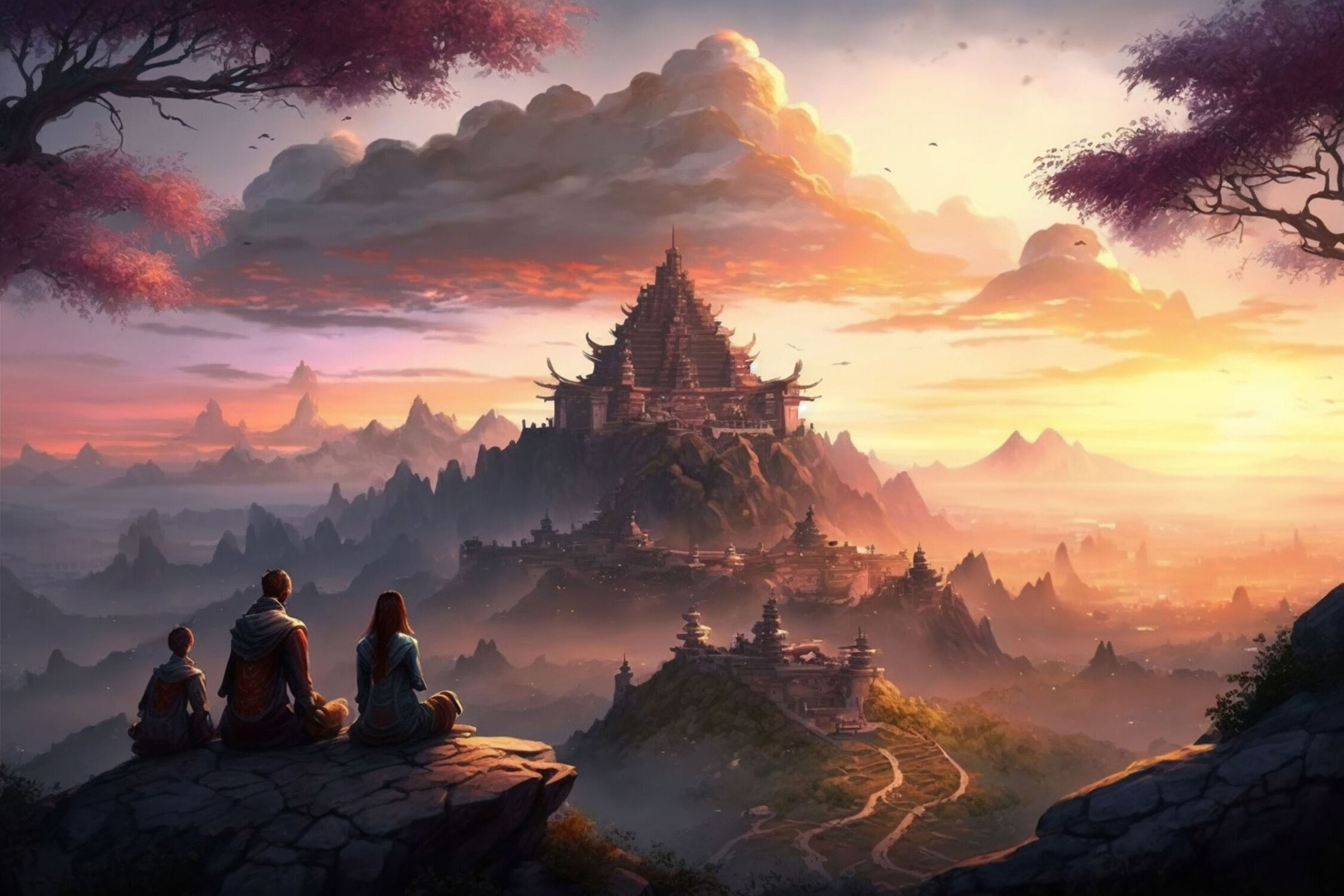 Bild mit Sonnenuntergang, Landschaft, Ruhe, Tempel, spiritualität, Gelassenheit, orange Wolken, hoher Berg, Felsvorsprung, Chinesische Priester