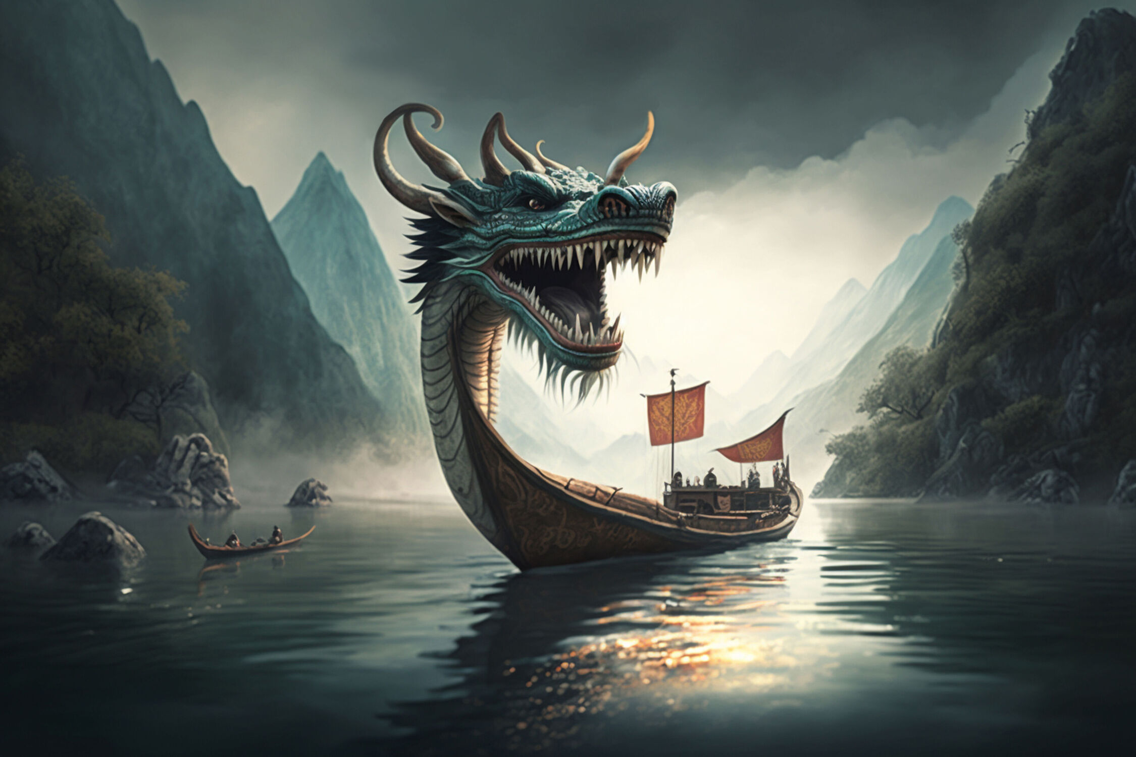 Bild mit Berge, Landschaft, See, mystisch, china, geheimnisvoll, Ausdauer, Chinesische Kultur, Drachenkopf, Chinesisches Drachenboot