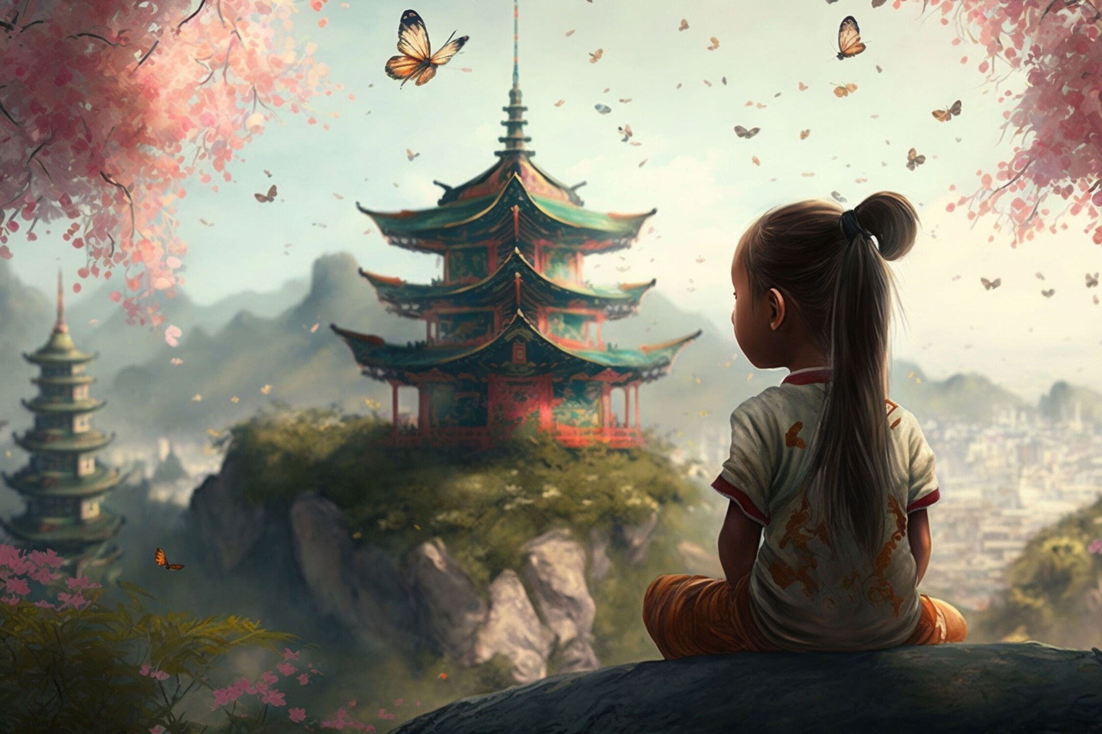 Bild mit Natur, Schmetterlinge, berg, mystisch, Tempel, Ruhig, Kultur, Felsvorsprung, Pfirsichblüten, Chinesisches Mädchen