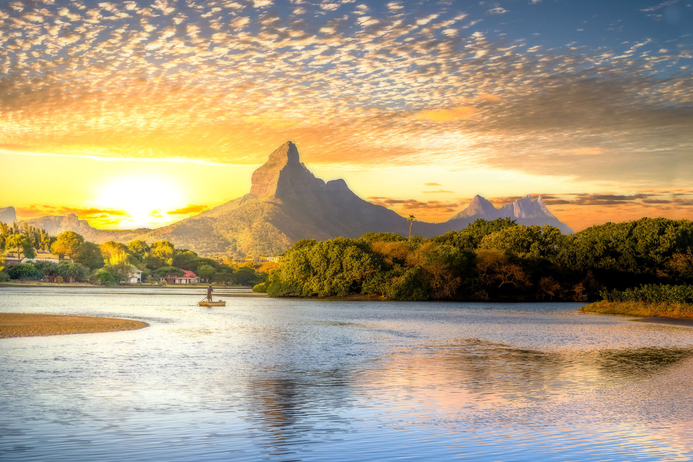 Bild mit Natur, Landschaften, Sonnenuntergang, Strand, Stadt, Fluss, Fischer, Bucht, Mauritius, Tamarin