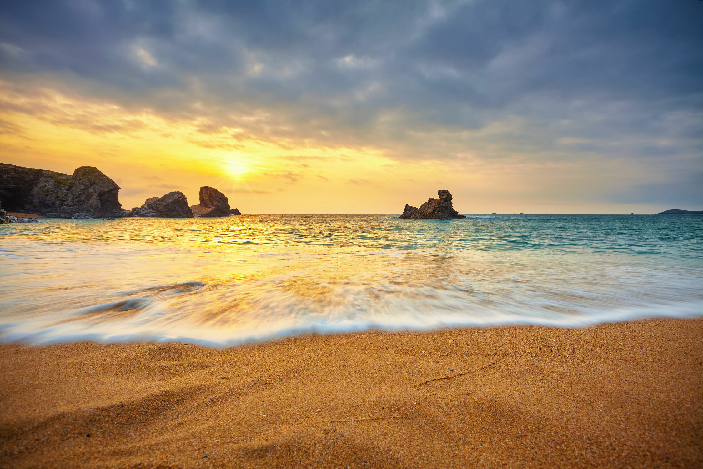 Bild mit Sand, Sonnenuntergang, Strand, England, Küste, Abend am Meer, großbritannien, Welle, Cornwall, porthcothan