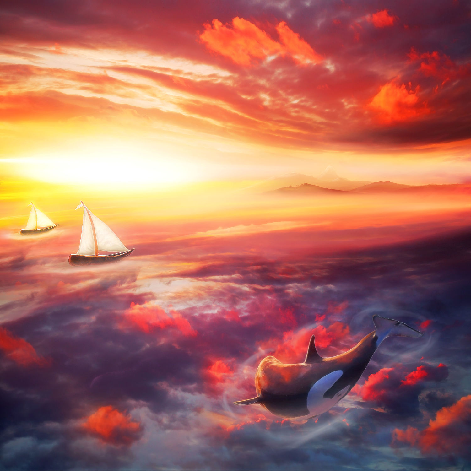 Bild mit Himmel, Rot, Segelboot, boot, art, Fantasie, Wal, Luft, fantastisch, killerwal