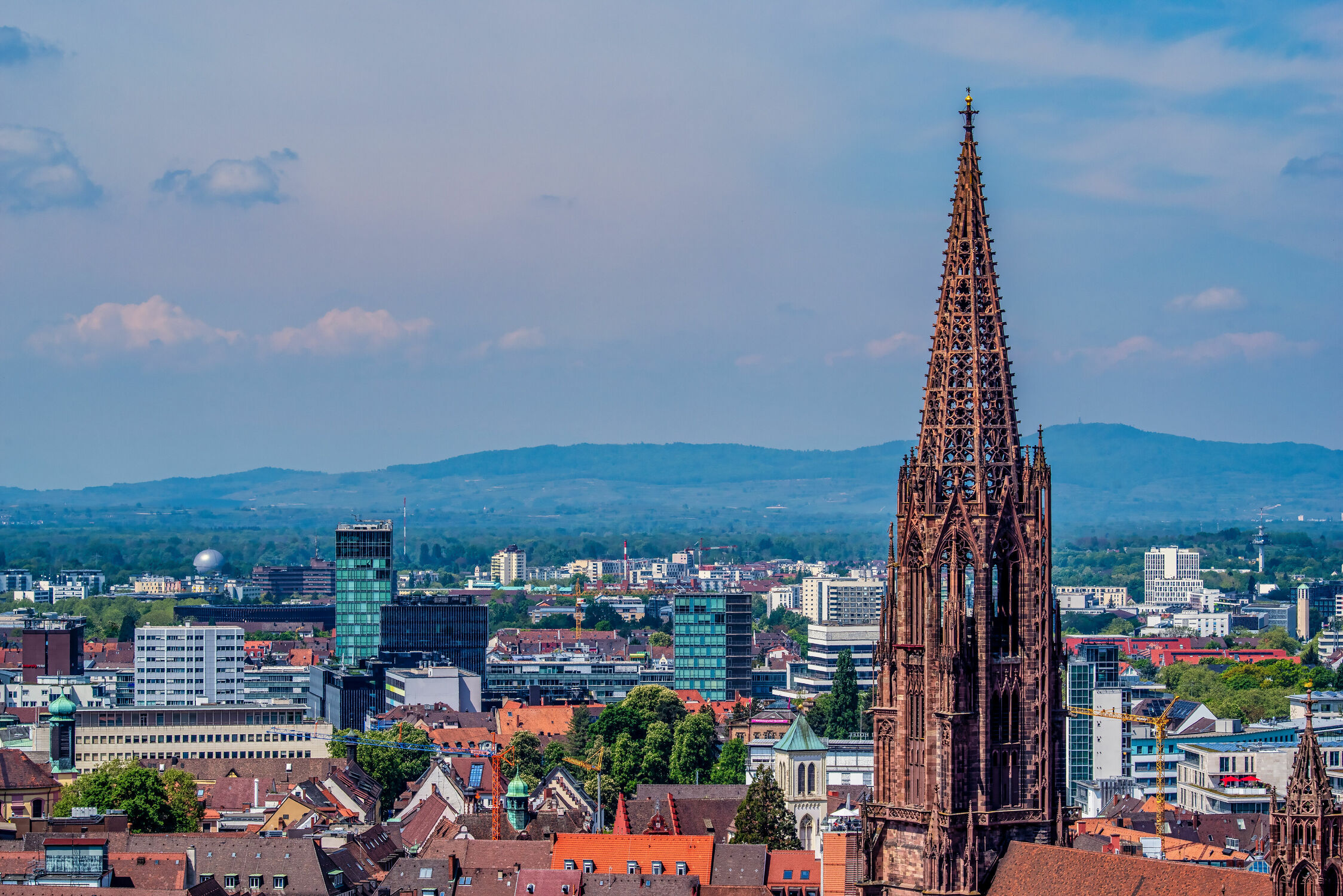 Bild mit Natur, Architektur, Kirche, bauwerk, Sakralbau, Münster, Freiburg, Fernsicht, historische Bauten, Turmspitze