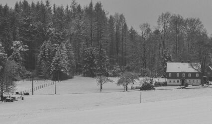 Bild mit Natur, Landschaften, Schnee, Wald, Haus, Oberlausitz, winterlandschaft, schwarz & weiss, Winterimpressionen, Sachsen