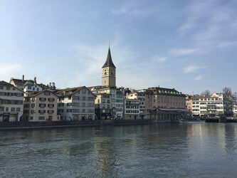 Bild mit Church, City, Zürich, river, city center, Switzerland, downtown, old town, river limmat, st. peter church