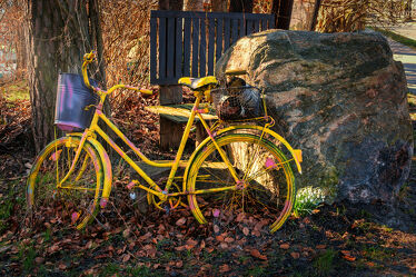 Bild mit Gelb, Holz, Stein, garten, Fahrrad, Deko, alt, abgestellt, angemalt