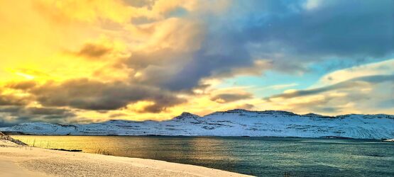 Bild mit Natur, Landschaften, Berge und Hügel, Sonnenuntergang, Fjorde, Sunset, island