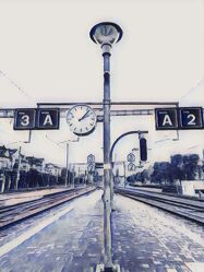 Bild mit Uhr, Bahnhof, Aquarell