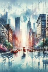 Bild mit Stadt, New York, Regen, wolkenkratzer, metropole, Straße, Liebespaar, Paar, empire state building, Aquarell