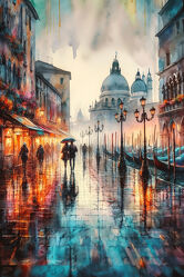 Bild mit Italien, Kanäle, Straßen, Boote, Stadt, Regen, Abendstimmung, venedig, gondel, gondel