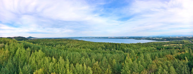 Bild mit Gewässer, Panorama, Landschaft, Seeblick, See, Görlitz, Berzdorfer See, landscape, Blick über den See, Landeskrone, Berzdorfersee, Seepanorama