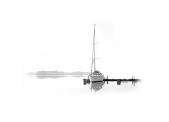 Bild mit Kunst, Segelboot, boot, Steg, Seeblick, See, art, Black and White, schwarz weiß, Minimalismus, minimal art, minimalart