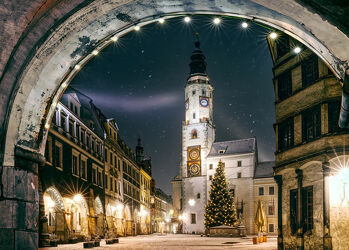 Bild mit Rathaus, Görlitz, Altstadt, Schönhof, Untermarkt, Weihnachten, Langzeitbelichtung, Nacht, Innenstadt, Neptunbrunnen