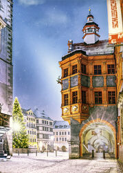 Bild mit Rathaus, Görlitz, Altstadt, Schönhof, Untermarkt, Weihnachten, Langzeitbelichtung, Nacht, Innenstadt, Neptunbrunnen