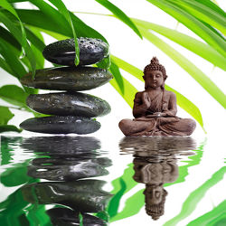 Bild mit Wasser, Bambus, Buddha, Wellness & Stillleben & Objekte, Wellness, Spa, Buddhismus, Relaxen, steinstapel, Steinhaufen, zen
