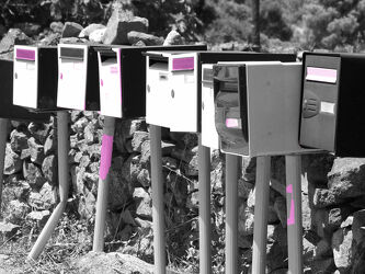Bild mit Natur, Wegesrand, schwarz weiß, Briefkasten