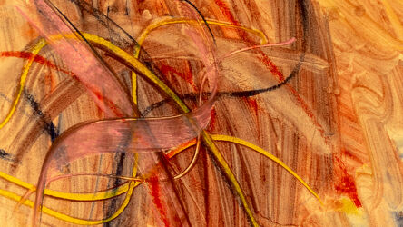 Bild mit Gelb, Rot, Abstrakte Kunst, Abstrakte Malerei, Formen und Muster, orangerot, Linien