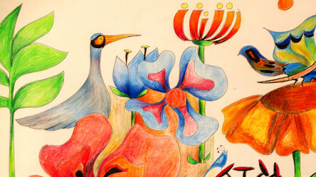 Bild mit Vögel, Illustration, Kinderwelt, abstraktes aus blüten, Farbenfrohe Kunst, grüne Blätter