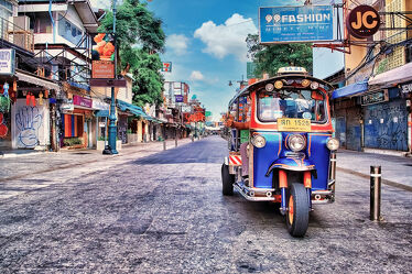 Bild mit Reisen, Reisefotografie, asien, südostasien, Taxis, Thailand, Bangkok, Khaosarn Road, Tuk Tuk